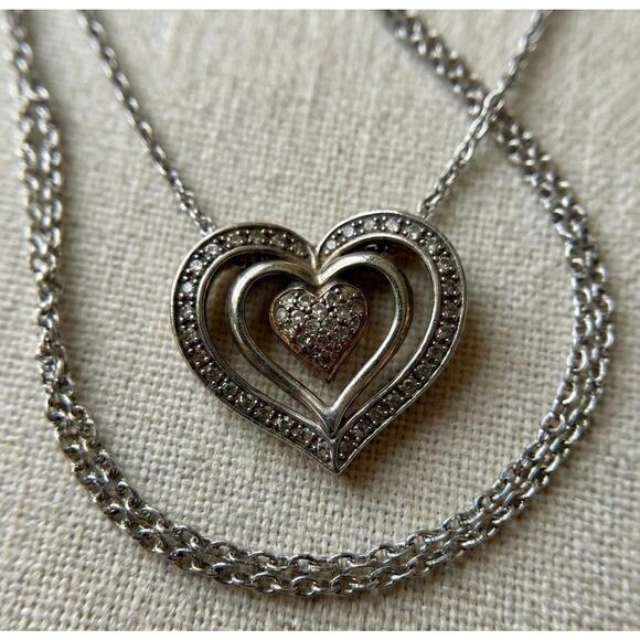 Vintage Sterling Silver Two Tone Diamond Accent Triple Heart Pendant Necklace - Picture 1 of 4